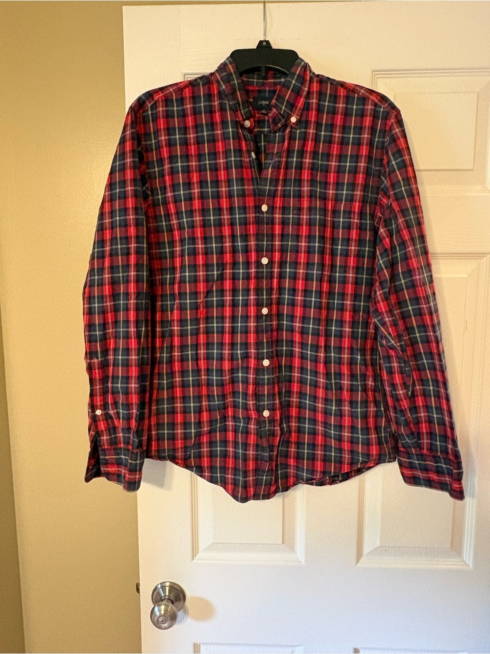 J. Crew Plaid Button Down Shirt Red Navy Tartan Flannel Long Sleeve Casual Women